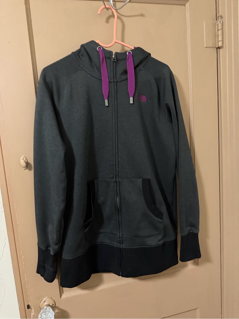 The North Face Dark Gray Zip Hoodie with Purple Drawcords